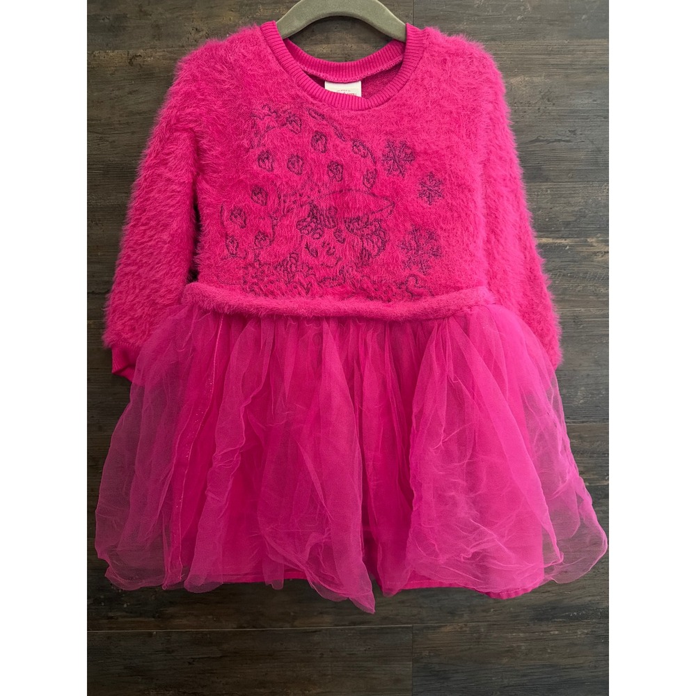Strawberry Shortcake Girls Hot Pink Faux Fur Tutu Dress 4T Glitter Long Sleeve